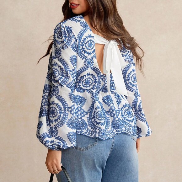 Blue And White Boho Women's Plus Size Embroidered Back Tie Ruffle Blouse - Picture 2 of 7